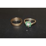 A HALLMARKED 9 CT GOLD FLORAL SET DRESS RING, MISSING ONE STONE, TOGETHER WITH A HALLMARKED 9 CT
