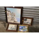 FOUR OIL ON CANVASES TO INCLUDE A HARBOUR SCENE, CONTINENTAL VIEW WITH BUILDINGS ETC.