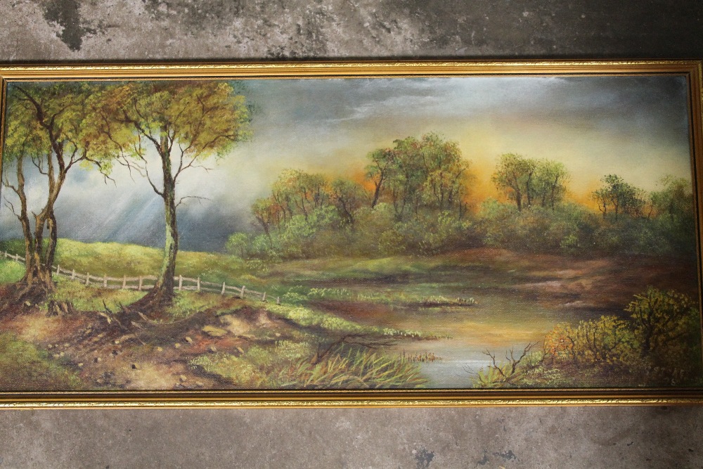 A LARGE FRAMED OIL ON CANVAS OF A WOODED RIVER LANDSCAPE SIGNED CAFEIRI, TOGETHER WITH A FRAMED - Image 3 of 3