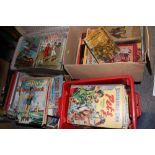A BOX AND SUITCASE CONTAINING VINTAGE CHILDRENS BOOKS ETC, TOGETHER WITH TWO BOXES OF VINTAGE