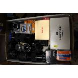 A BOX OF CAMERA ACCESSORIES TO INCLUDE A ZORKI -6 TAMRON LENS ETC