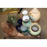 A BOX OF VICTORIAN STYLE HAND PAINTED GLASS VASES, VINTAGE GLASS BOTTLES ETC