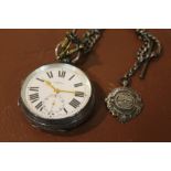 A HALLMARKED SILVER HARRIS STONE OF LEEDS POCKET WATCH ON CHAIN, WITH SILVER FOB