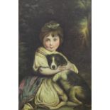 A FRAMED OIL ON CANVAS DEPICTING A SEATED YOUNG GIRL WITH A DOG SIGNED T. WEDDLE LOWER RIGHT