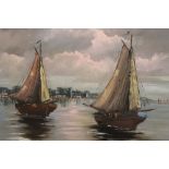 A FRAMED OIL ON CANVAS OF TWO SAIL BOATS AT SEA SIGNED FACO LOWER RIGHT SIZE - 39CM X 32CM