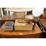 A CANTEEN OF EPNS CUTLERY, OIL LAMP, TWO ANTIQUE POSTCARD ALBUMS, SCRAP BOOK, POSTAGE SCALES AND