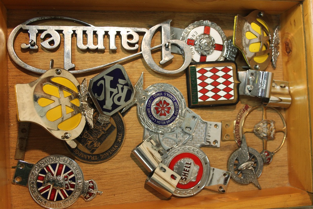 A COLLECTION OF VINTAGE CAR BADGES CONTAINED IN A GLAZED DISPLAY BOX