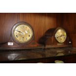 TWO VINTAGE OAK MANTEL CLOCKS TON INCLUDE AN ART DECO EXAMPLE - ONE MISSING GLASS