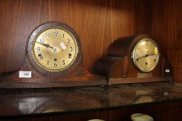 TWO VINTAGE OAK MANTEL CLOCKS TON INCLUDE AN ART DECO EXAMPLE - ONE MISSING GLASS