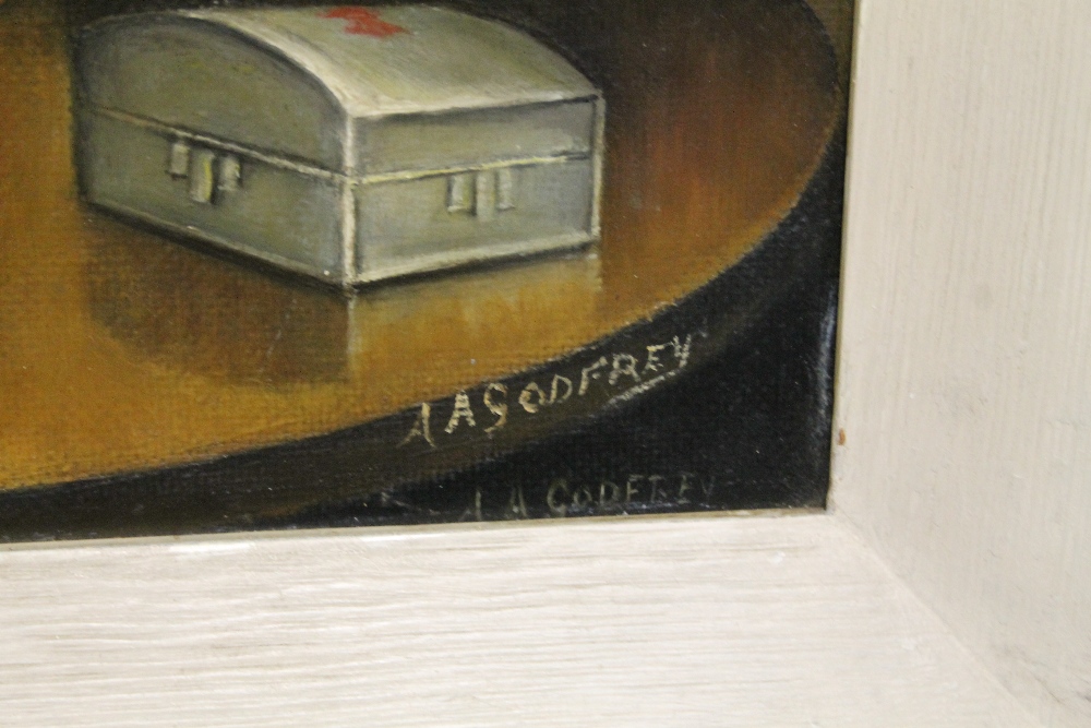 A FRAMED OIL ON BOARD OF A TABLE TOP STILL LIFE STUDY SIGNED A GODFREY LOWER RIGHT SIZE - 59CM X - Image 2 of 3