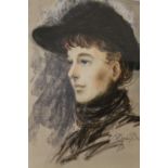 A FRAMED AND GLAZED PASTEL PORTRAIT OF A LADY IN A HAT, SIGNED LOWER RIGHT, DAISY DUNLOP, SIZE -