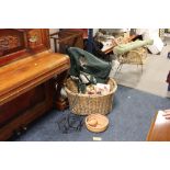 A VINTAGE WICKER BASKET AND CONTENTS TO INCLUDE A TERRRACOTTA PLANTER HOLDALL ETC