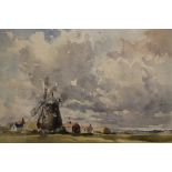 A FRAMED AND GLAZED WATERCOLOUR OF A NORFOLK WINDMILL BY ANN YATES, SIGNED LOWER LEFT, OVERALL