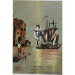 AN UNFRAMED MOUNTED OIL ON BOARD OF A VENETIAN RIVER SCENE SIZE - 43CM X 30CM