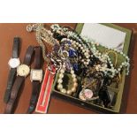 A BOX OF COSTUME JEWELLERY AND WRISTWATCHES