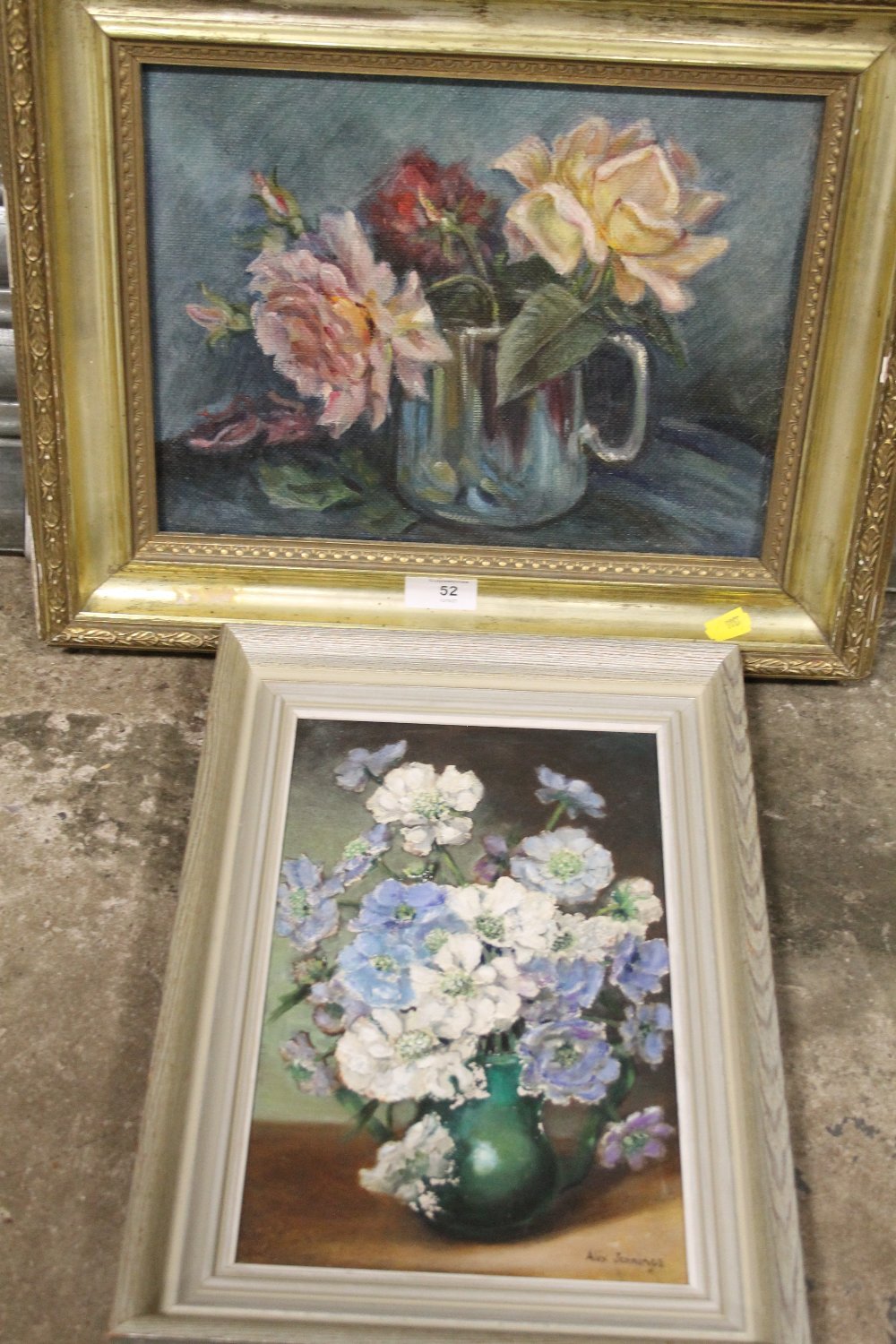 A FRAMED OIL ON CANVAS FLORAL STILL LIFE OIL ON CANVAS SIGNED ALIX JENNINGS, TOGETHER WITH AN