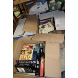 FIVE BOXES OF WAR RELATED BOOKS, DVDS ETC