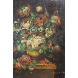 A 19TH CENTURY STILL LIFE OIL ON PANEL OF FLOWERS IN A VASE, POSSIBLY OVER PRINT BASE SIZE- 38CM X