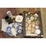 TWO TRAYS OF ASSORTED CERAMICS TO INCLUDE A BRONZE EFFECT VASE, NOVELTY CART SHAPED TEAPOT, DRESSING