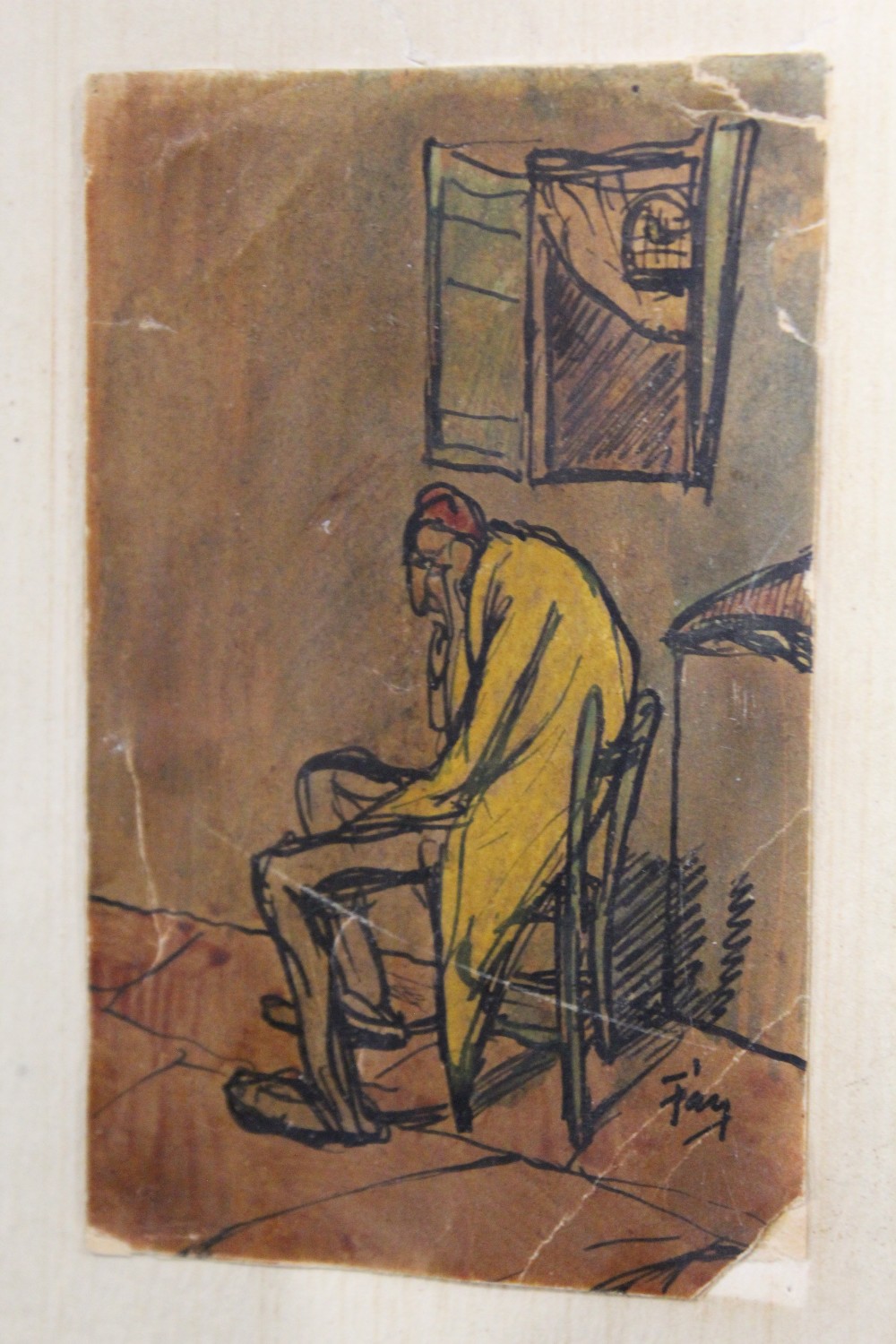 AN UNFRAMED MIXED MEDIA STUDY OF AN INTERIOR SCENE WITH SEATED GENTLEMAN SIGNED FAY LOWER RIGHT - Image 4 of 4