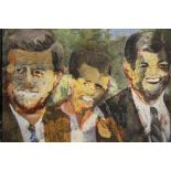 AN UNFRAMED OIL ON CANVAS OF JOHN, BOBBY AND TEDDY KENNEDY INDISTINCTLY SIGNED VERSO SIZE - 30CM X