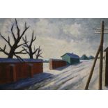 A SILVER FRAMED OIL ON CANVAS OF A WINTER STREET SCENE ENTITLED WINTERTAG VERSO SIZE - 50CM X 40CM