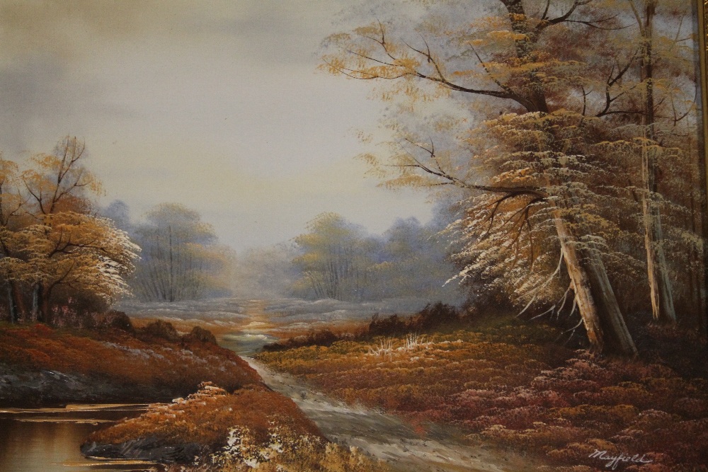 TWO GILT FRAMED OIL ON CANVASES DEPICTING LANDSCAPES ONE WITH DEER, BOTH INDISTINCTLY SIGNED - Image 2 of 3