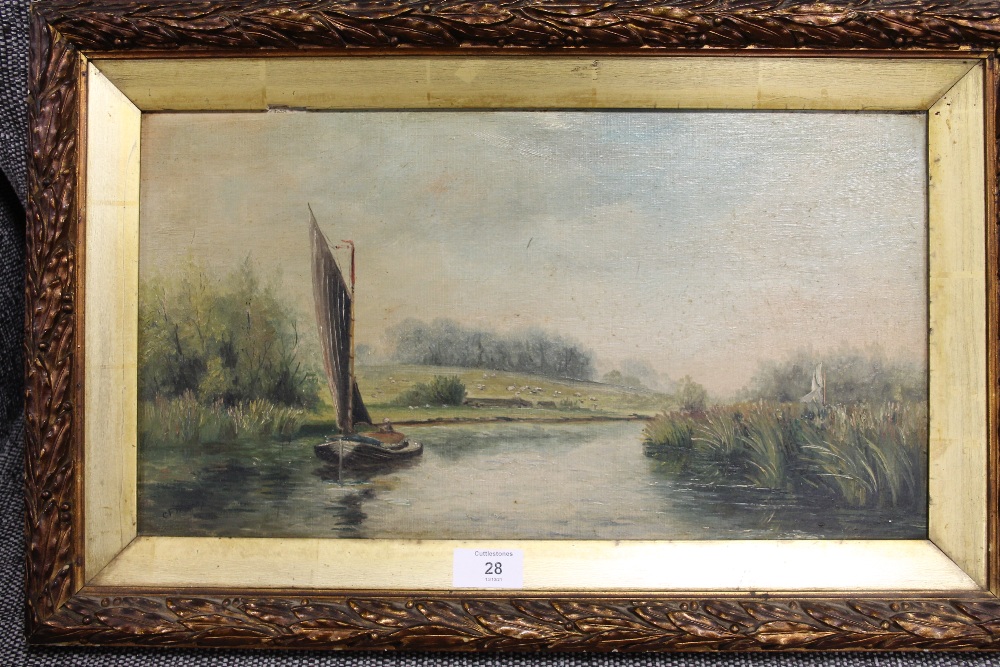 A GILT FRAMED OIL ON BOARD OF A COUNTRY RIVER LANDSCAPE WITH SAIL BOAT SIGNED C F RUMI LOWER LEFT - Image 2 of 4