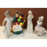ROYAL DOULTON FIGURINE THE OLD BALLOON SELLER HN1315 TOGETHER WITH TWO NAO FIGURES AND ANOTHER (4)
