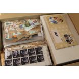 A BOX OF ASSORTED STAMP AND CIGARETTE CARDS ETC.