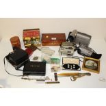 A BOX OF COLLECTABLES TO INCLUDE CAMERAS, MOTHER OF PEARL BUTTONS
