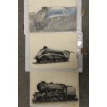 THREE UNFRAMED PENCIL DRAWINGS OF STEAM TRAINS ONE INITIALLED W.JBB.