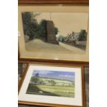 A FRAMED AND GLAZED WATERCOLOUR DEPICTING A RURAL STREET SCENE SIGNED JH BLAKEWELL?TOGETHER WITH A