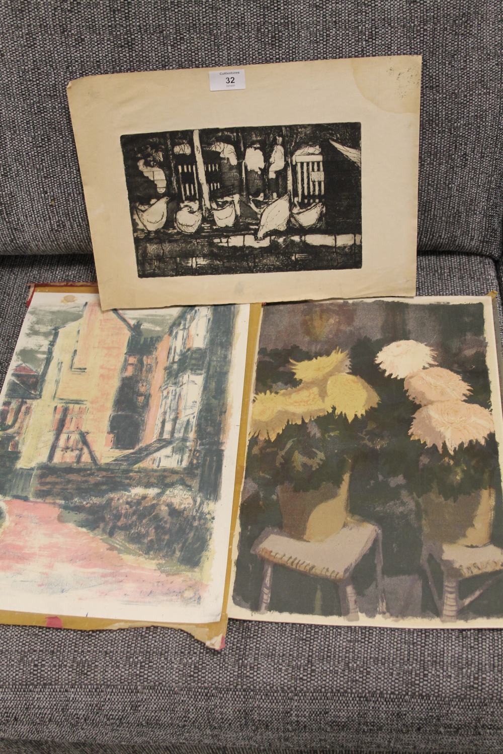 AN UNFRAMED ETCHING OF CHICKENS, TOGETHER WITH TWO UNFRAMED LITHOGRAPHS OF FLOWERS AND BUILDINGS (