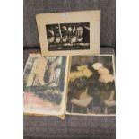 AN UNFRAMED ETCHING OF CHICKENS, TOGETHER WITH TWO UNFRAMED LITHOGRAPHS OF FLOWERS AND BUILDINGS (