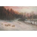 AN UNFRAMED OIL ON CANVAS OF SHEEP IN A WINTER LANDSCAPE SIZE - 76CM X 51CM
