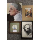 FOUR ASSORTED PICTURES TO INCLUDE A SMALL WATERCOLOUR OF A LADY HOLDING A SCYTHE, WATERCOLOUR OF A