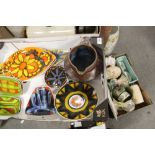 A TRAY OF POOLE POTTERY DISHES - CHIPPED, TOGETHER WITH A DENBY JUG, TOGETHER WITH A TRAY OF RETRO