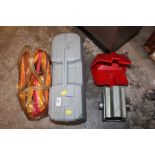 A CASED TROLLEY JACK, AIR JACK BAG AND CARAVAN LOCK