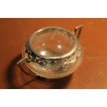 AN 1878 HALLMARKED SILVER AND GLASS TWIN HANDLED SALT