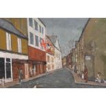 AN UNFRAMED OIL ON CANVAS OF A STREET SCENE WITH FIGURES SIZE - 71CM X 46CM