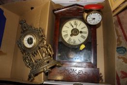 AN AMERICAN STYLE MAHOGANY MANTEL CLOCK TOGETHER WITH A BRASS EXAMPLE AND A TRAVEL CLOCK (3)