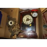 AN AMERICAN STYLE MAHOGANY MANTEL CLOCK TOGETHER WITH A BRASS EXAMPLE AND A TRAVEL CLOCK (3)