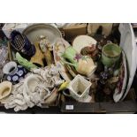TWO TRAYS OF ASSORTED CERAMICS TO INCLUDE HAND PAINTED FRAMED TILES, RESIN FIGURES TO INCLUDE A