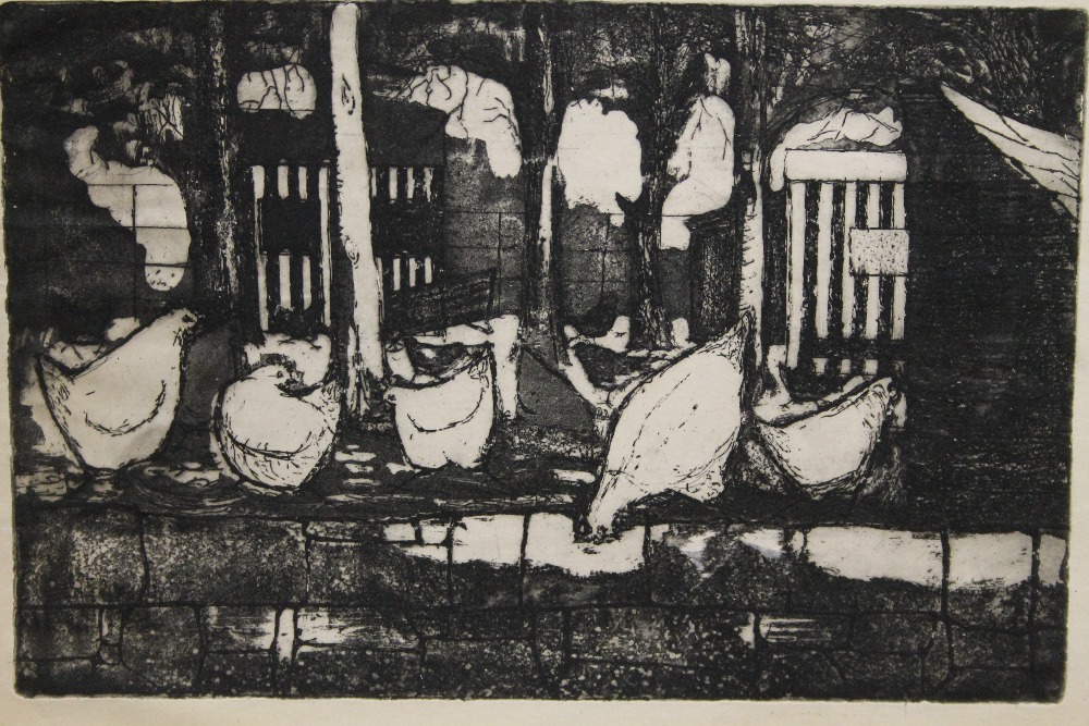 AN UNFRAMED ETCHING OF CHICKENS, TOGETHER WITH TWO UNFRAMED LITHOGRAPHS OF FLOWERS AND BUILDINGS ( - Image 2 of 4