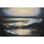 A GILT FRAMED OIL ON BOARD OF A SEASCAPE AT SUNSET INDISTINCTLY SIGNED LOWER RIGHT SIZE - 63CM X