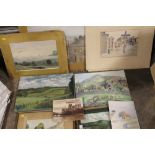 A COLLECTION OF MOSTLY UNFRAMED WATERCOLOURS AND OIL PAINTINGS ETC. TO INCLUDE LANDSCAPES, STREET