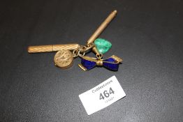 A HOUSEKEEPERS ENAMELLED BOW BROOCH WITH ROLLED GOLD PENCILS, LOCKET ETC.