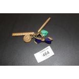 A HOUSEKEEPERS ENAMELLED BOW BROOCH WITH ROLLED GOLD PENCILS, LOCKET ETC.