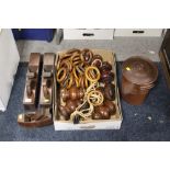 THREE VINTAGE WOODEN JACK PLANES, STONEWARE CROCK AND PART AIRING RACK